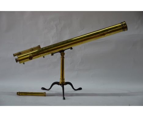 A 19th century large brass astral telescope on folding tripod, with secondary sighting scope and original box, by Newton &amp