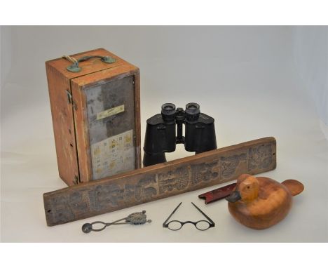 Mixed collectables including 'Sestrel' boat compass in battleship grey with glazed case, swallow 10 x 50 binoculars, Victoria