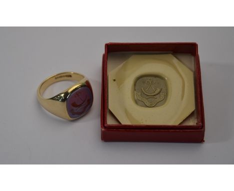 A chalcedony Masonic signet ring, 9ct yellow gold, size T, approx 10g all in c/w seal impression