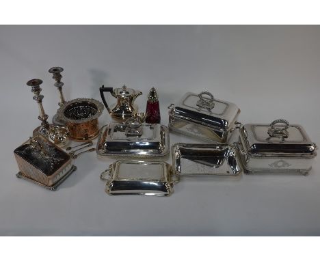 A pair of electroplated covered dishes, to/w two entree dishes and covers, a Victorian cheese dish and cover, a pair of plate