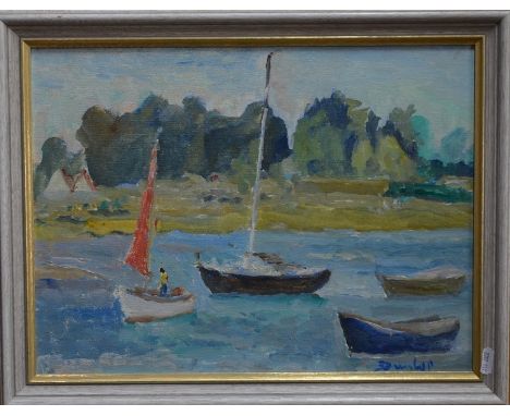 Ronald Ossory Dunlop (1894-1973) - Lake view with sailing boats and dinghies, oil on canvas, signed lower right, 29 x 38 cmAR