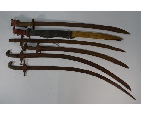 Two antique Chinese swords to/w two Indian Army Shamshir swords and two Tulwars (6 - all a/f, in rusted condition with losses