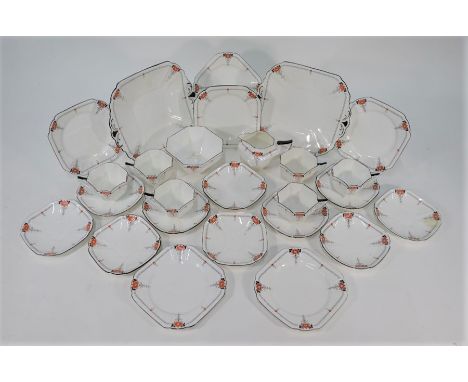 A Shelley china Queen Anne shape tea service, decorated with the 'Red Daisy' pattern, comprising six tea cups, ten saucers, s