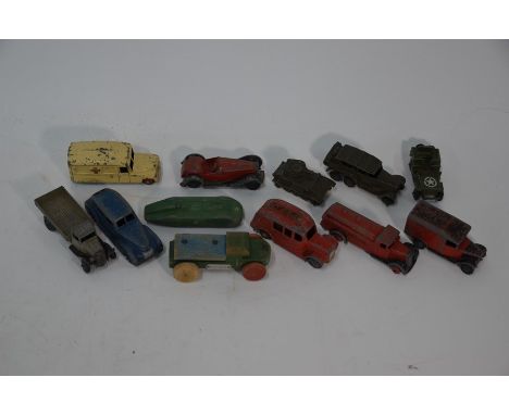 Eleven vintage Dinky models and a painted wood Tri-ang tanker (12)