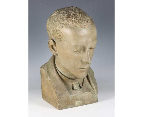 Polly Hill Clarke - Head and shoulders portrait bust of the artist's husband, mid-20th century green patinated plaster, unsig