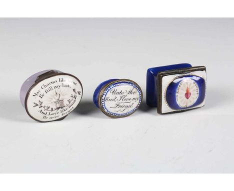 An 18th century South Staffordshire enamel oval patch box, the lid with inscription 'May Charms like thine Be ftill my Lot...