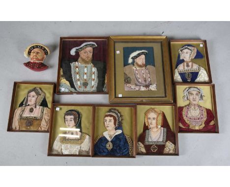 A group of eight 20th century fabric appliqué portraits of Henry VIII and his wives, all framed, together with a Bossons port