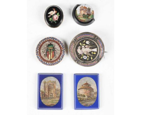 A group of mainly 19th century Italian micromosaic panels, including a pair depicting architectural scenes, 3cm x 2cm, a broo