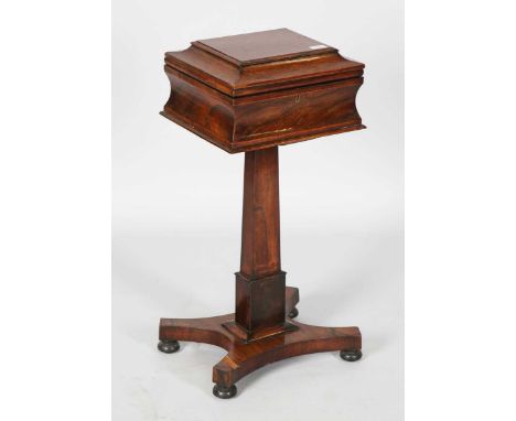 A Victorian rosewood teapoy, the hinged lid enclosing four lidded caddies and bowl recesses, height 79cm, width 36cm, depth 3