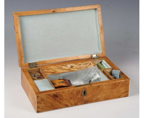 A George III blond tortoiseshell rectangular needlework box, the hinged lid with wire inlay and ivory stringing, the compartm