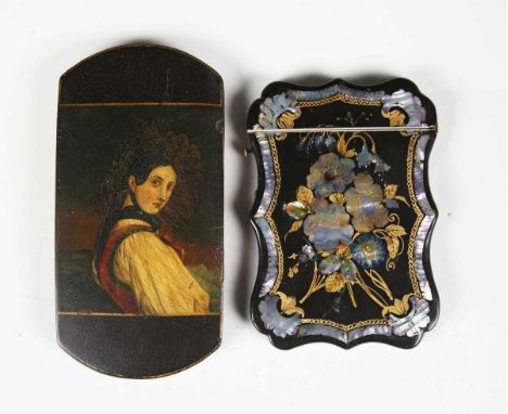 A Victorian papier-mâché and mother-of-pearl inlaid card case of shaped outline, length 11cm, together with a 19th century pa
