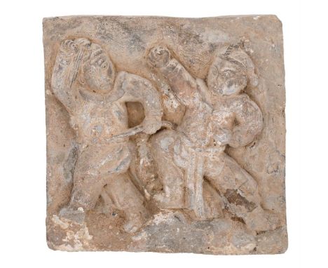 A CHINESE RELIEF-MOULDED GREY POTTERY TILE OF TWO FIGURES SONG OR JIN DYNASTY The square tile of baked unglazed buff pottery 