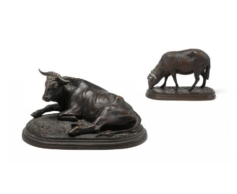 AFTER ROSA BONHEUR, A PATINATED BRONZE MODEL OF A BULL  15cm high, 29cm long  TOGETHER WITH A MODEL OF A STANDING EWE 22cm lo