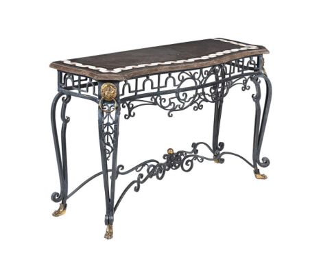 A WROUGHT IRON AND BRASS MOUNTED CONSOLE TABLE  OF RECENT MANUFACTURE  With inlaid marble veneered serpentine top, on cabriol