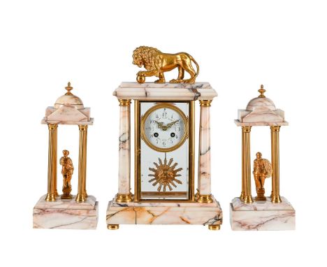 A FRENCH MARBLE AND GILT METAL MOUNTED CLOCK GARNITURE EARLY 20TH CENTURY With eight-day striking movement, the case of neocl