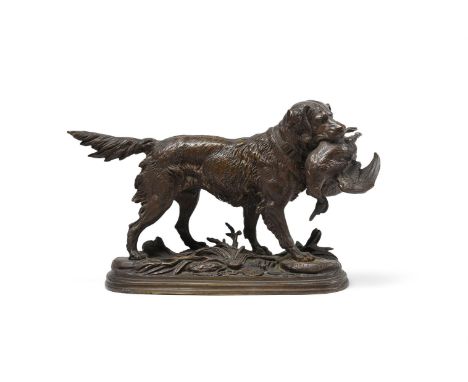 AFTER DELABRIERRE, A PATINATED BRONZE MODEL OF A RETRIEVER WITH DUCK 21cm high, 33cm long    Condition Report:  With wear, ma