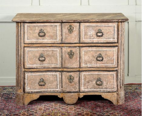 AN ITALIAN SCUMBLE PAINTED BOW SHAPED SERPENTINE COMMODE 18TH CENTURY   The shaped top above three drawers, on a shaped apron