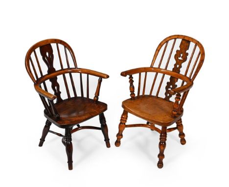 TWO VICTORIAN WINDSOR CHILD'S ARMCHAIRS MID 19TH CENTURY One ash and elm, stamped 'E. GABBITASS WORKSOP' By Elizabeth Gabbita