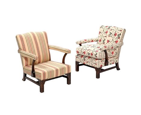 A PAIR OF MAHOGANY LOW ARMCHAIRS IN GEORGE III STYLE, MODERN One upholstered in Robert Kime 'Indus Linen' fabric, the other i