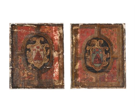 TWO ITALIAN PAINTED WOODEN AND GESSO ARMORIAL PANELS  PROBABLY 19TH CENTURY Possibly removed from an item of furniture each d