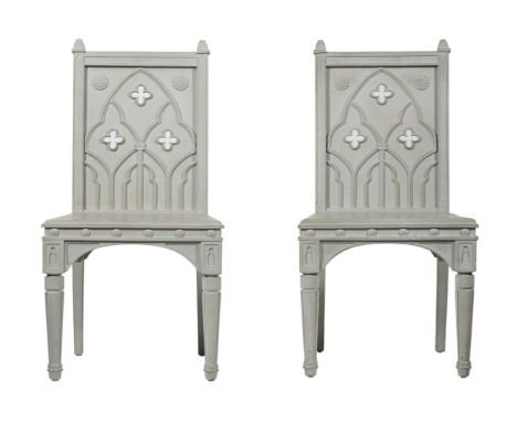 A PAIR OF NICKY HASLAM FOR OKA,  LIGHT GREEN PAINTED HALL CHAIRS  IN THE GOTHIC MANNER, MODERN With Nicky Haslam facsimile si