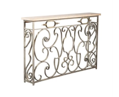 A WROUGHT IRON CONSOLE TABLE OR RADIATOR COVER MODERN With a marble top, of narrow proportion  93cm high, 147cm wide, 25cm de