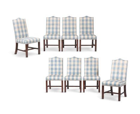 A SET OF EIGHT MAHOGANY AND UPHOLSTERED DINING CHAIRS IN GEORGE III STYLE  OF RECENT MANUFACTURE, ALMOST CERTAINLY BY ARTHUR 