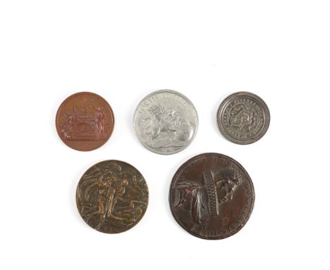 A GROUP OF FIVE MEDALLIONS (5)Comprising; a silver coloured example, detailed Mc Nabb's School, Dollar Institution, engraved 