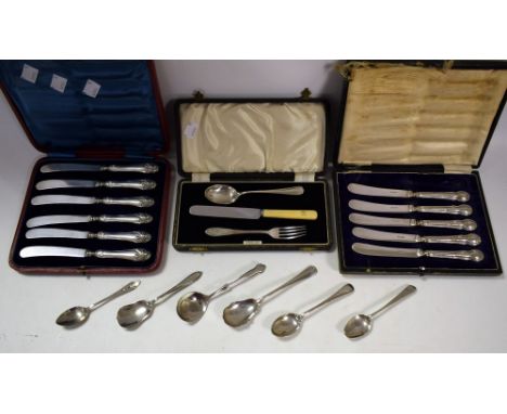 Silver - a cased three piece matched Christening set, spoon, fork and knife; a set of six silver hafted fruit knives, cased; 