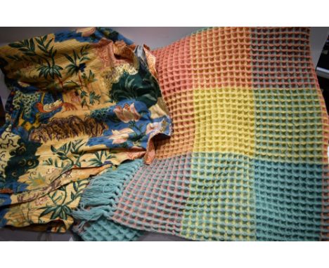 Textiles - Welsh honeycomb waffle wool blanket; a pair of Warner vintage curtains