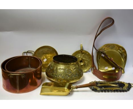 Copper and Brassware - a Keswick School of Arts style chamberstick; an Indian repousse bowl, decorated with camels, elephants