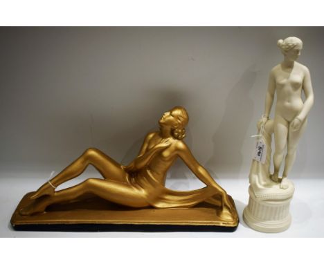 A Neoclassical Darian figure, of a naked maiden, standing; another, Art Deco gold painted dancing girl (2)