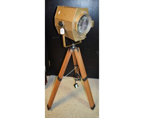 A vintage Major Equipment Co lamp, shaped anodised case, folding tripod stand, overall 98.5cm high on stand