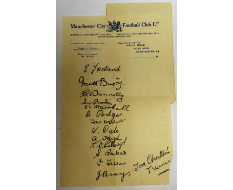 Sporting Interest - football autographs 1935-36 season, Manchester City Football Club letterhead paper, inscribed in ink with