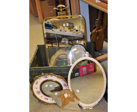 A pair of 1930's arched top rectangular wall mirrors, bevelled and etched plates with peach plate sides, 46.5cm high; a Rococ