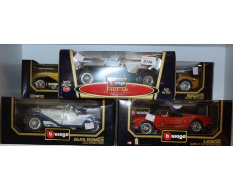 Model Cars - Burago 1:18 scale, including Jaguar SS 100, Lancia Aurelia B24 Spider (1955), Mercedes Benz SSK (1928),  Bugatti