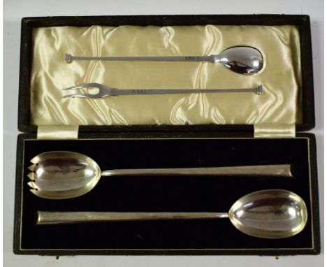 A set of silver salad servers, cased, Birmingham 1936; an olive pickle fork and spoon, Sheffield 1937