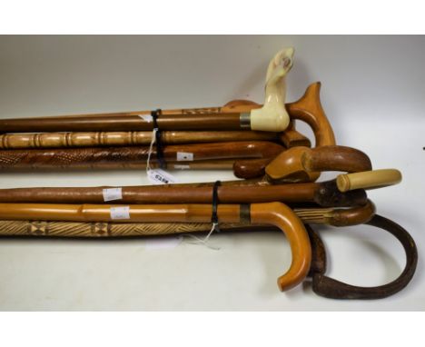 Walking Sticks - an African Tribal walking stick, with carved hook top; others, Hawthorn, Bamboo; etc (15) 
