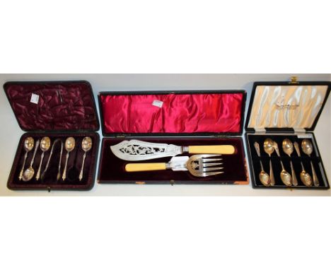 A set of six silver teaspoons, Art Deco style, Sheffield 1963, cased; a set of silver apostle spoons, five, with sugar nips, 