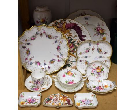 A Royal Crown Derby Royal Antoinette pattern wavy edge plate; a similar quatrefoil dish; an Old Avesbury pattern dinner plate