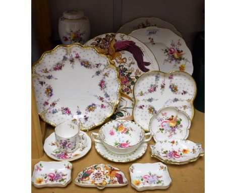 A Royal Crown Derby Royal Antoinette pattern wavy edge plate; a similar quatrefoil dish; an Old Avesbury pattern dinner plate