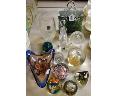 Glassware - a Royal Krona, Sweden, lead crystal figure, signed; a collection of paperweights, including Mdina, Caithness, mil