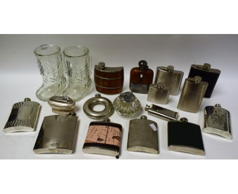 Boxes and Objects - a leather bound 6oz barrel shaped hip flask; others silver plated, Jack Daniels, Lucas, etc; desk lighter