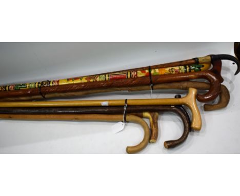 Walking Sticks - a Giessbach horn and hoof handled walking stick; others, carved and painted, horn handled, etc (10) 