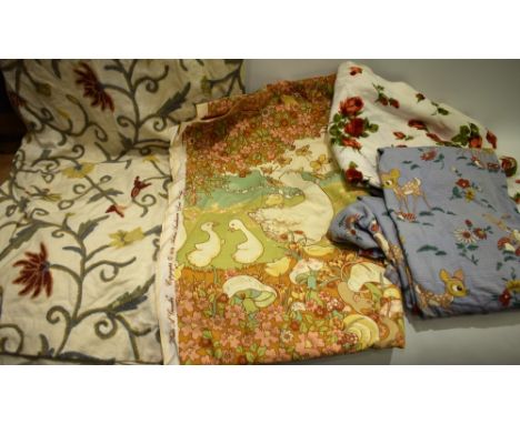 Textiles - vintage children's nursery fabrics; crewelwork curtains; 1950's floral; etc