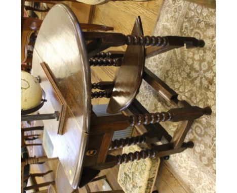 An oak dropleaf table with bobbin turned and blocked legs, parts 18th century, 72H x 82W x 32cmD