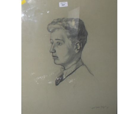 W. Lars A Kon, trees before a lake, watercolour/ gouache, 47.5cm x 37cm, and a charcoal portrait of a boy