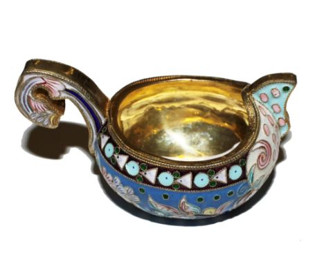 A silver gilt miniature wine tasting vessel decorated in multicoloured enamel, in the form of a kovsh