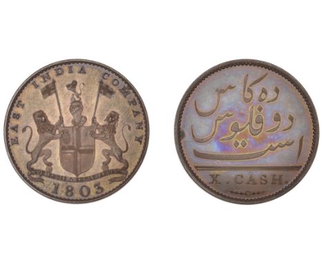 East India Company, Madras Presidency, European Minting, 1803-8, Soho, bronzed-copper Proof 10 Cash, 1803, light issue, arms 