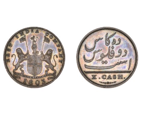 East India Company, Madras Presidency, European Minting, 1803-8, Soho, copper Proof 10 Cash, 1803, arms and supporters, east 